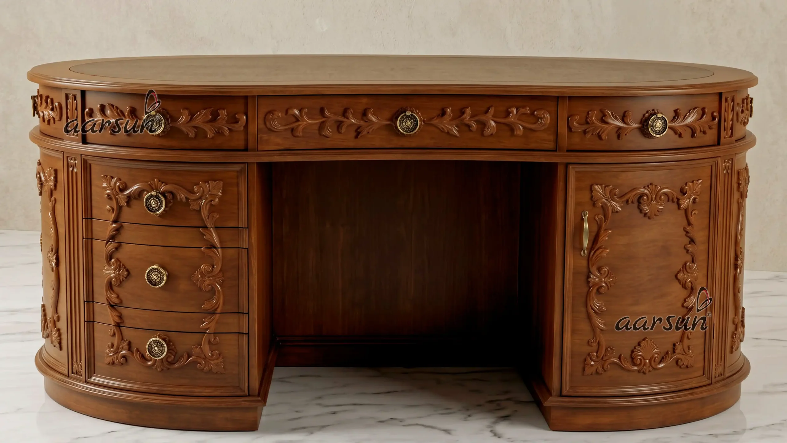 Hand Carved Oval Shaped Office Table in Teak Wood YT-354