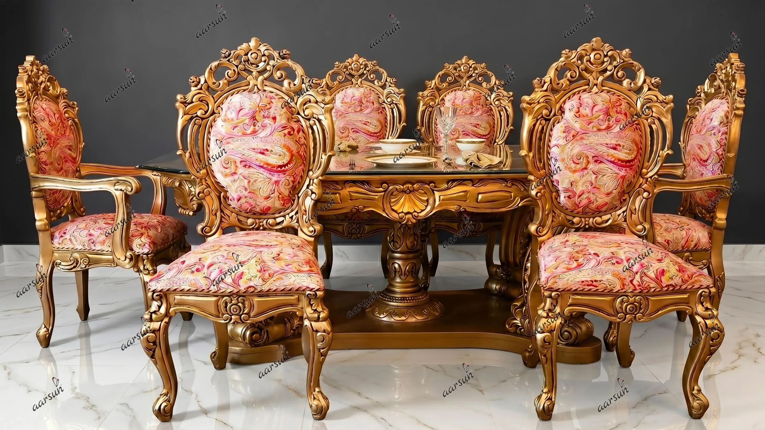 Luxury 6 Seater Gold Dining Set in Teak Wood UH-YT-344