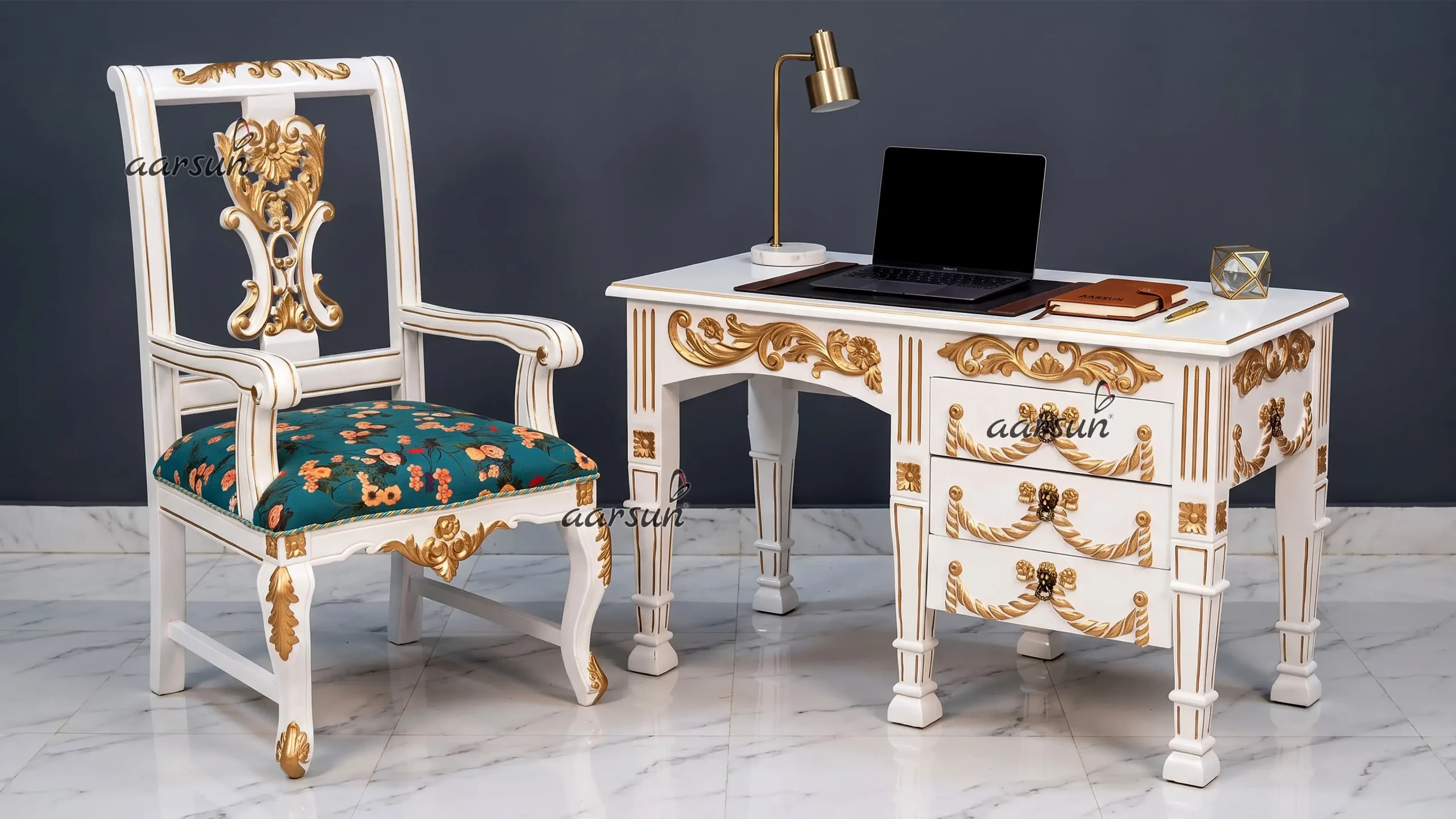 Teakwood Office Desk with Elegant Carving Design