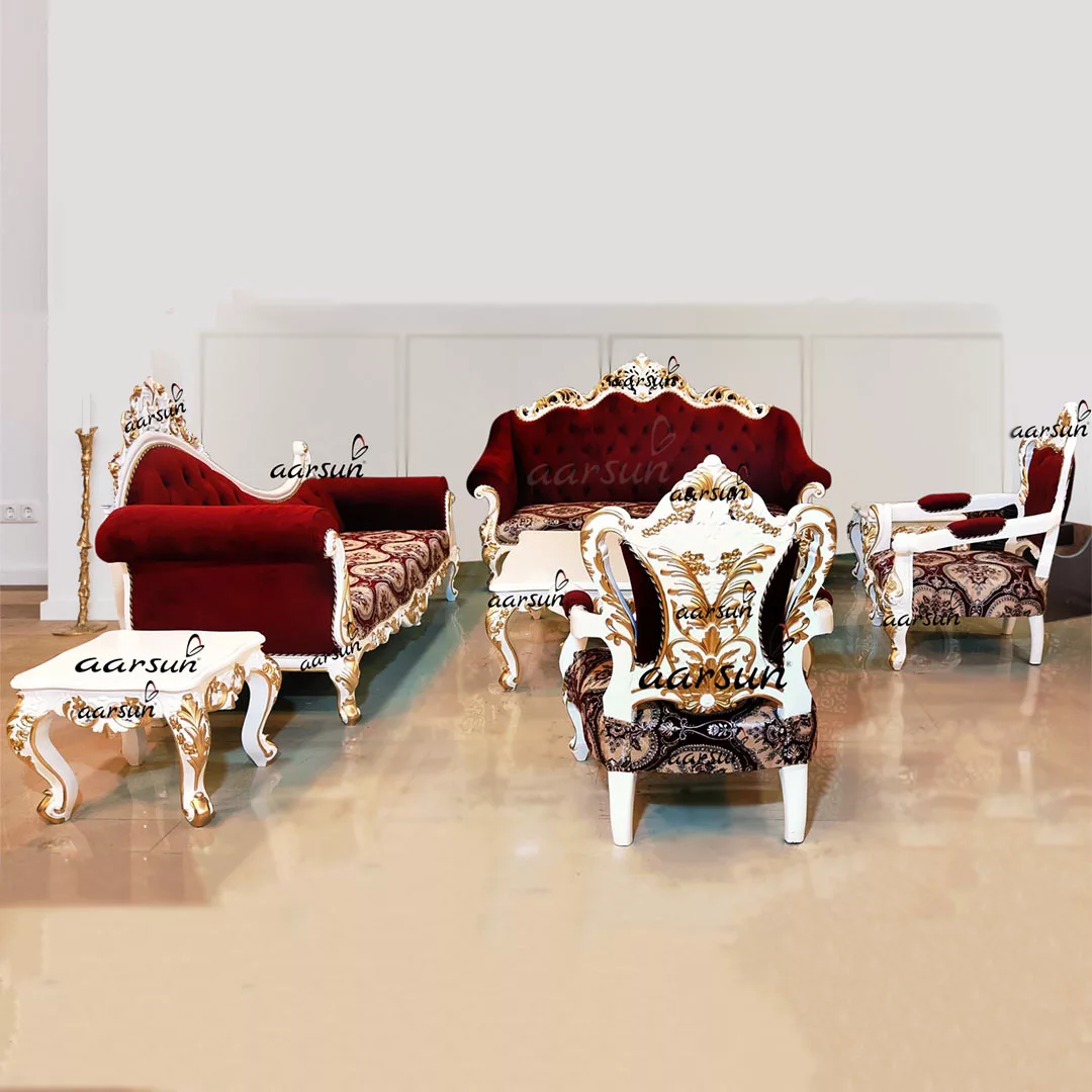 White & Gold 8 Seater Sofa Set in Teak Wood YT-358