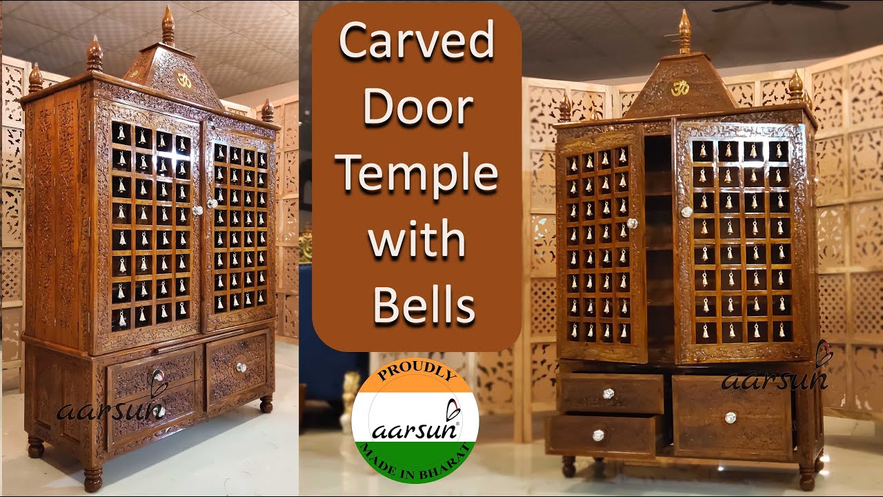 Wood Carving Week-11-Large Wooden Temple with Doors and Brass Bells YT-341