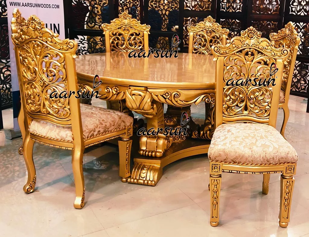 Royal Dining Table & Chairs Set in Teak & Gold Paint