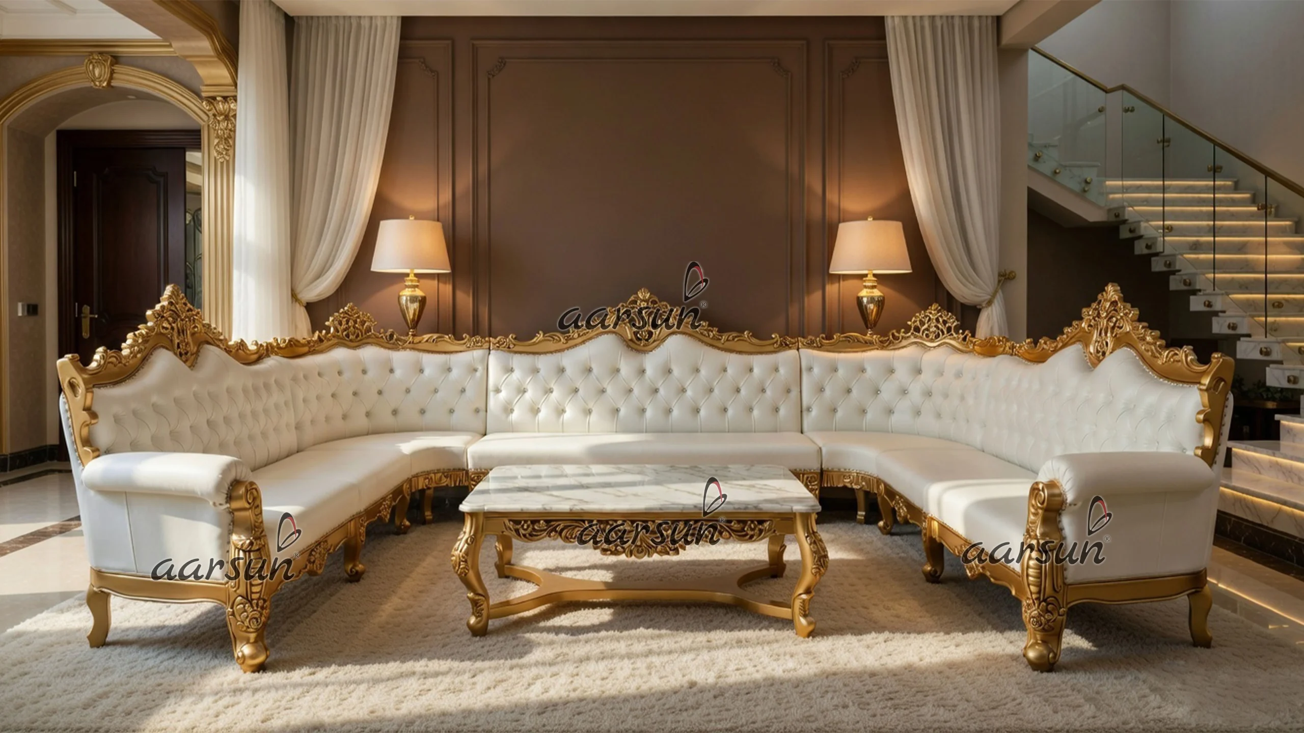 U Shape Sofa Set in Gold Finish