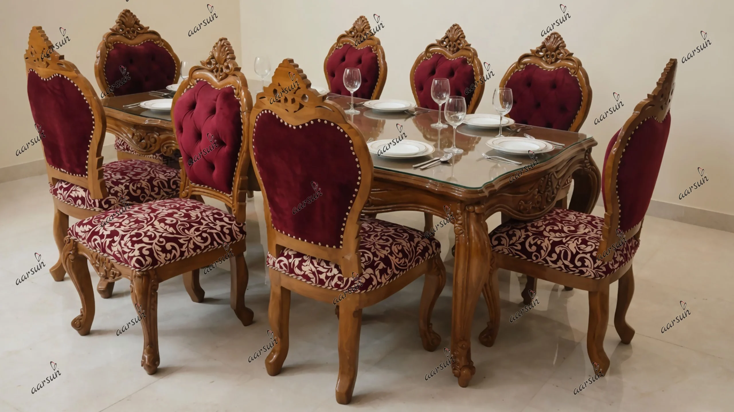 8 Seater Dining Glossy Teak Wood Finish UH-YT-398