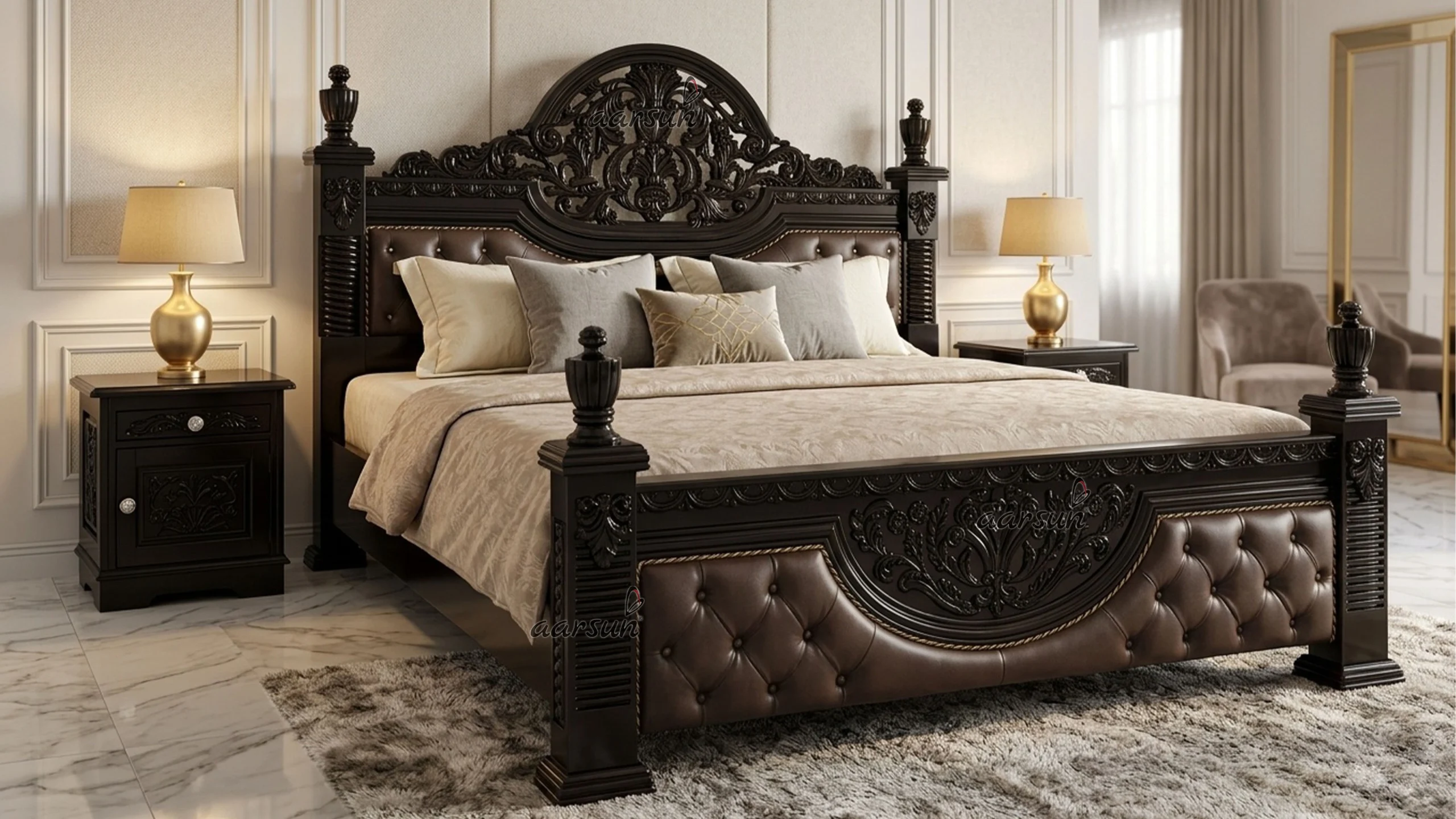 Black Maharaja Bed with Side Tables Finely Carved in Teak