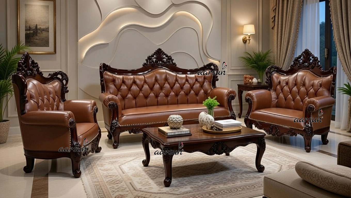 Brown Leatherette Sofa in Teak Wood UH-YT-401