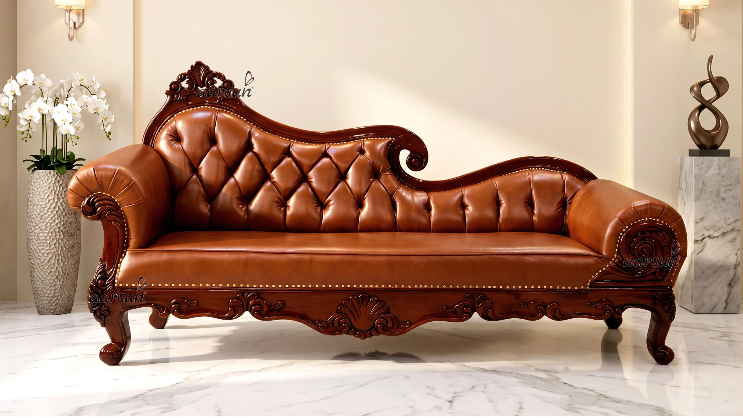 Chester Design Chaise Lounge Carved in Teak Dual Tone Polish
