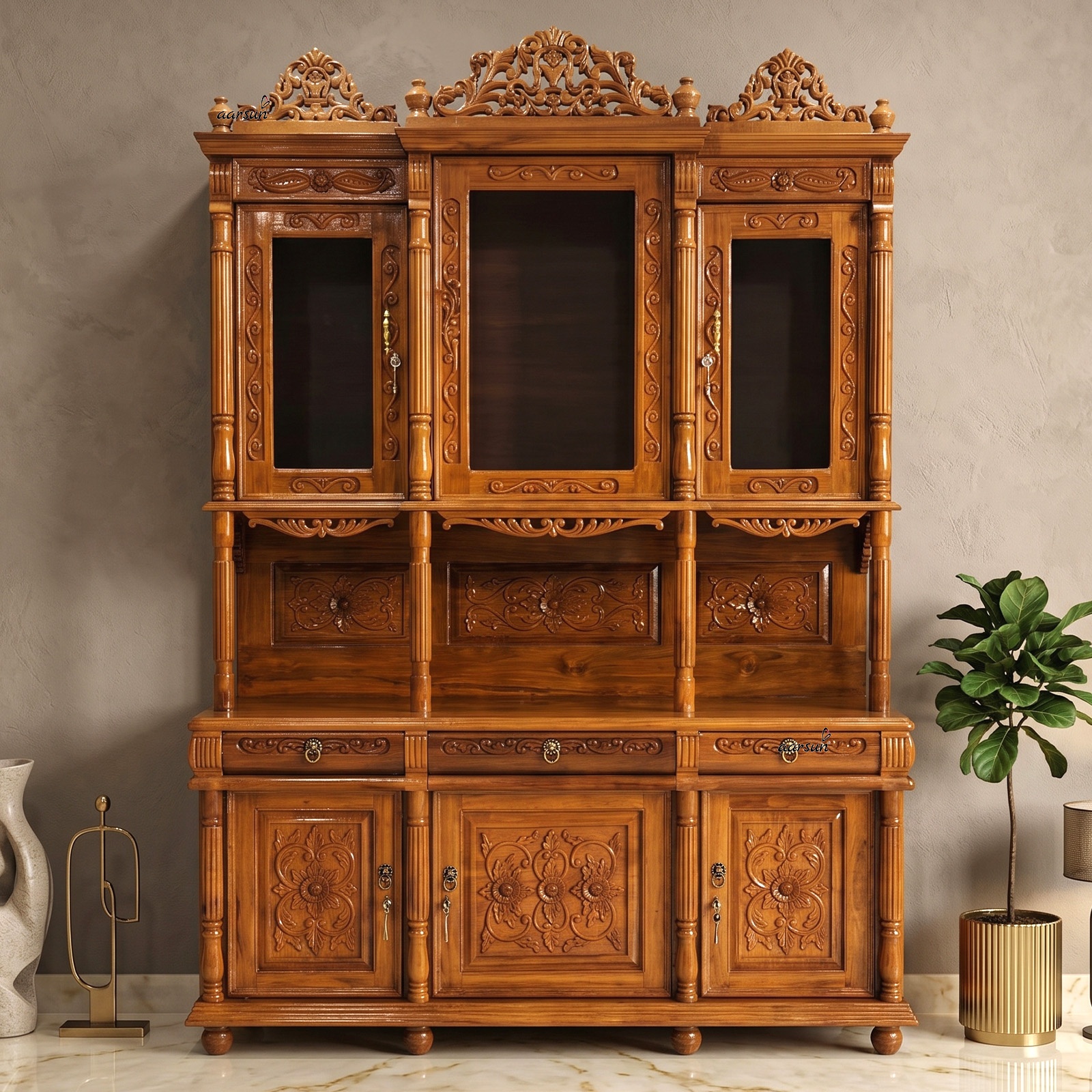 Classic teak wood crockery unit with intricate hand-carved detailing and spacious display storage