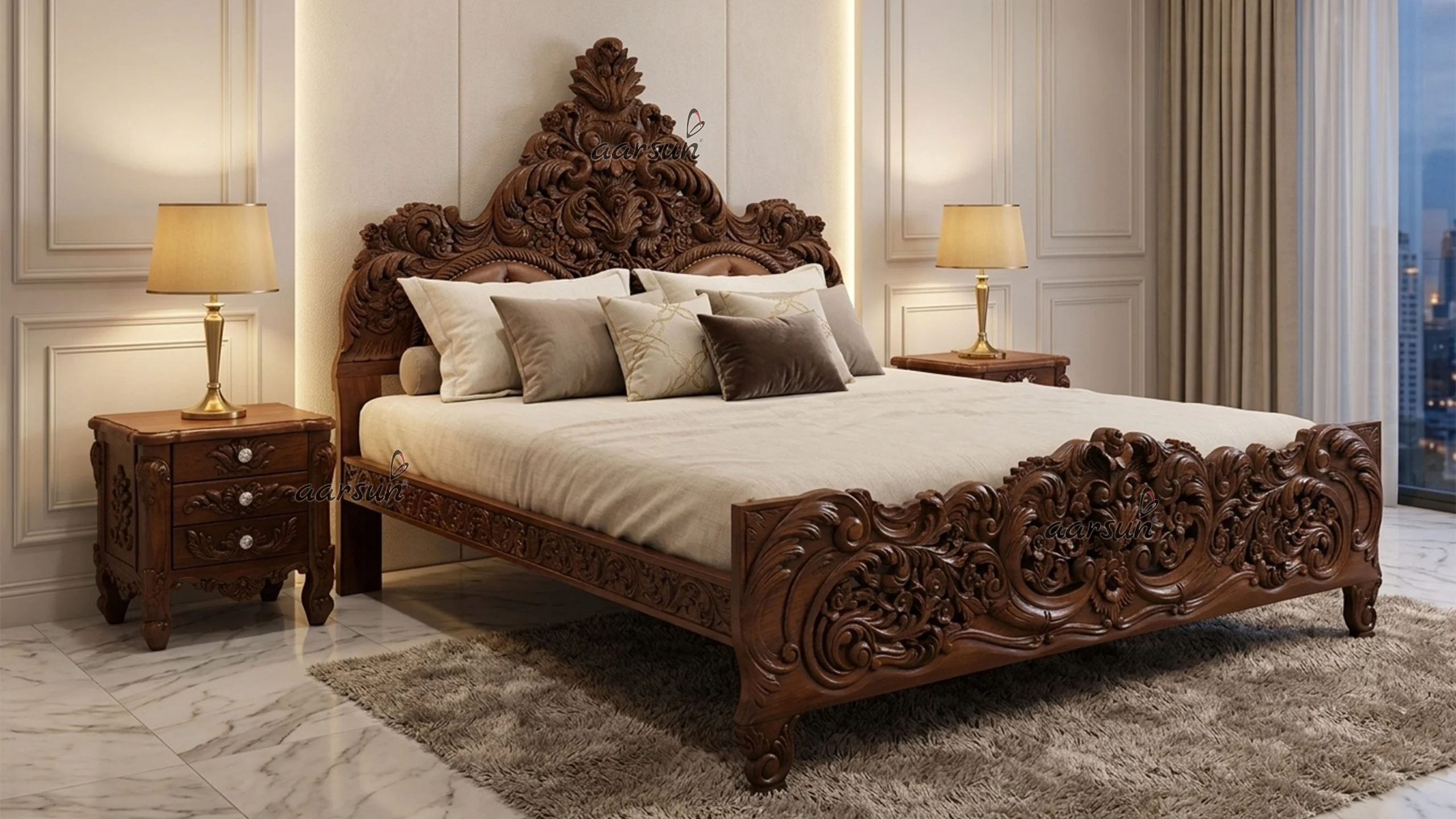 Image for King Size Bed Fully Hand Carved in Teak Wood High Gloss Finish UH-YT-421