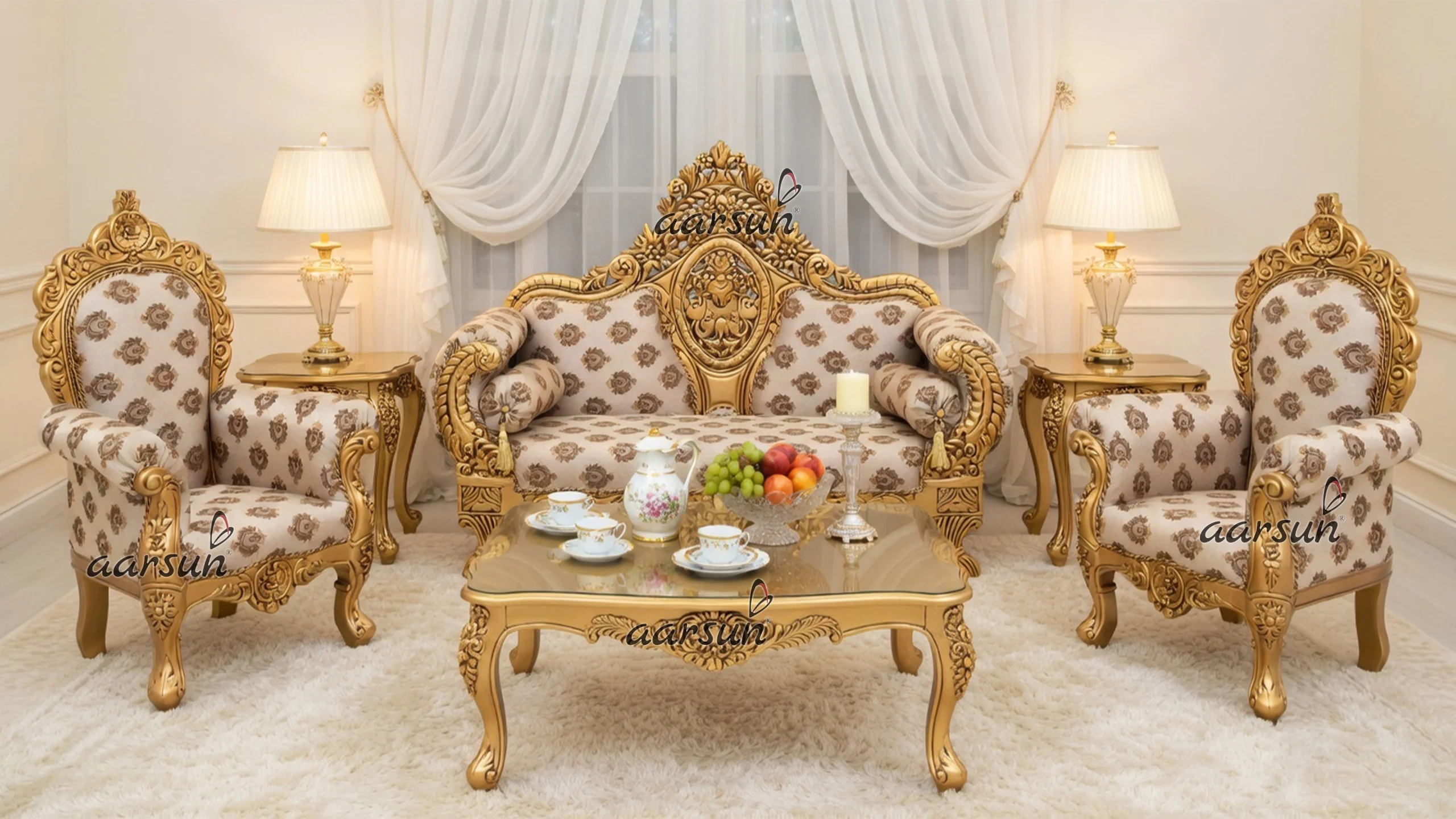 Royal Couch and Chair Set in Antique Gold Handcrafted by Skilled Artisans YT-438