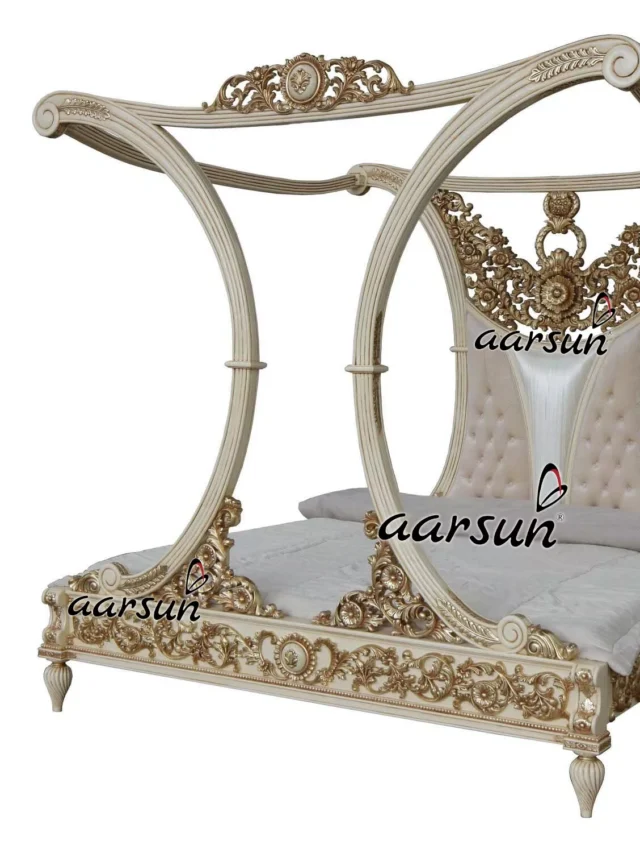 Designer Canopy Bed in Subtle White and Gold on Floral Carvings BED-0054