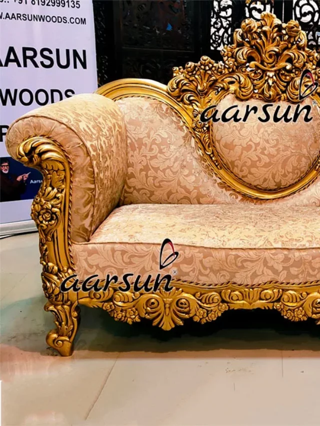 Grand Double Carved Diwan Couch in Antique Gold Paint