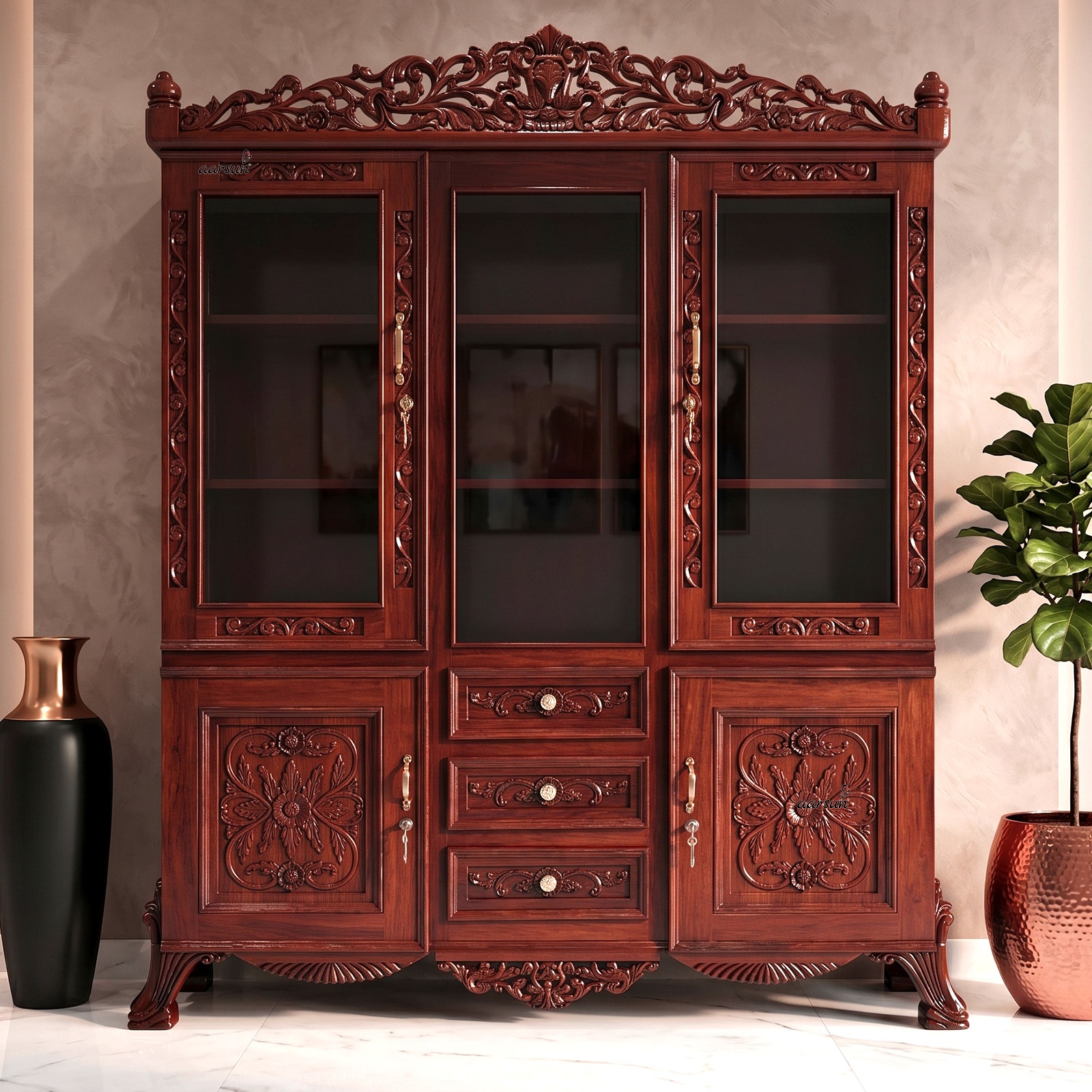 Handcrafted multipurpose cabinet showcase armoire almirah with elegant storage and display sections