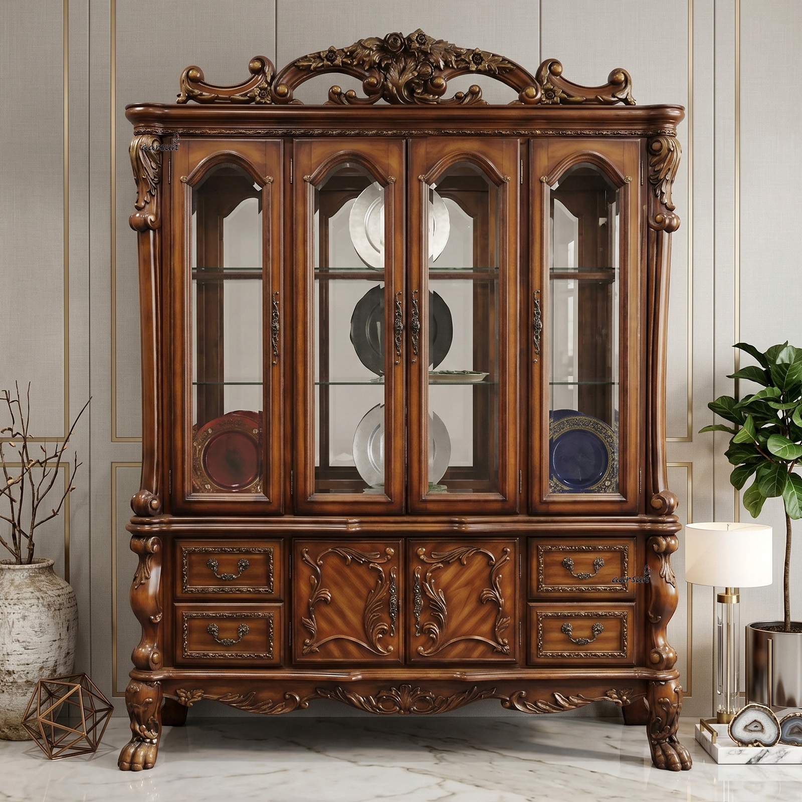 Wooden kitchen crockery cabinet with elegant storage compartments and display shelves for kitchen essentials