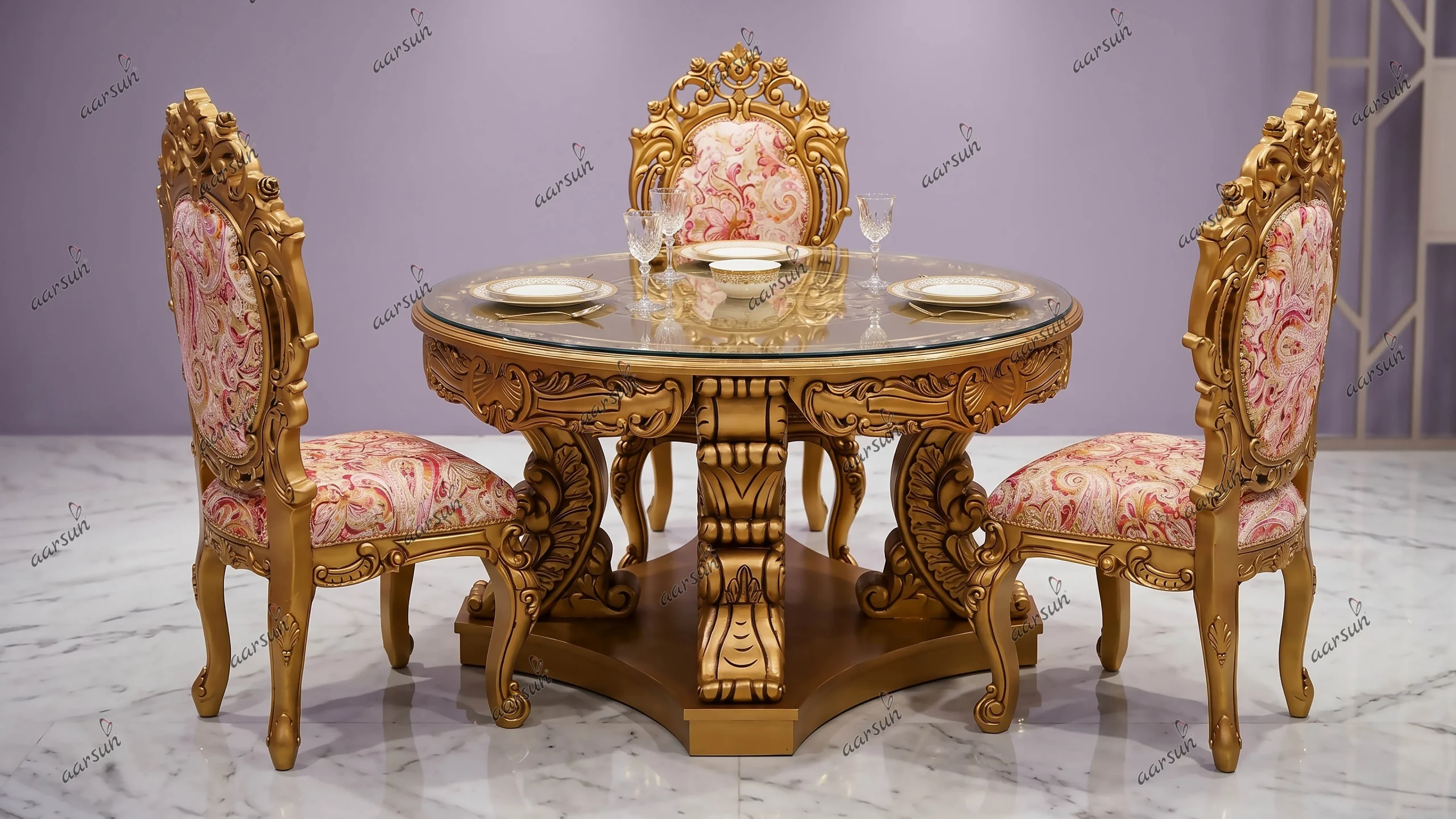 6 Seater Round Dining Set with Double Carved Chairs UH-YT-462