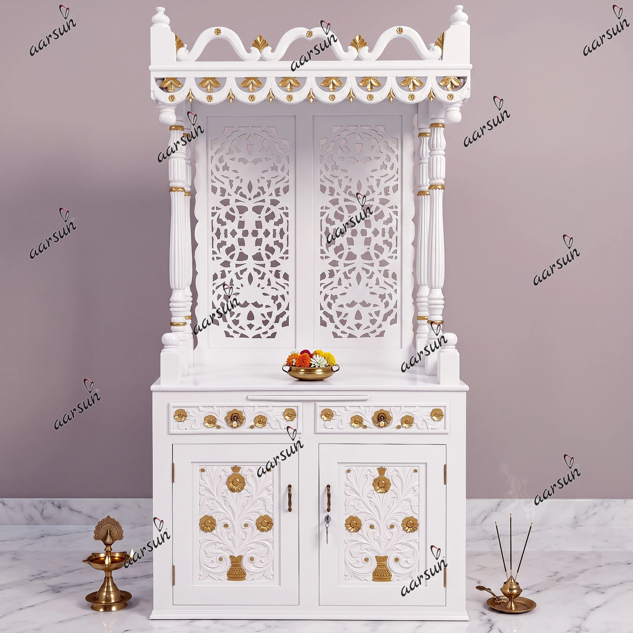 Image for Grand Temple in Marble-Like White Finish Carved in Teak UH-YT-464