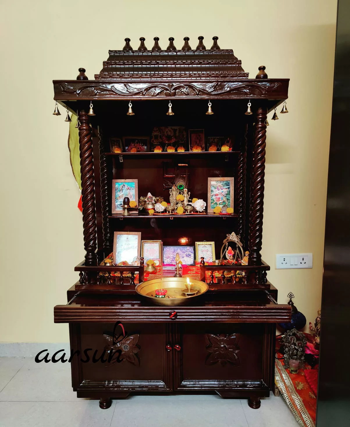 Image for Wooden Temple with Brass Bells / Pooja Ghar MNDR-0403