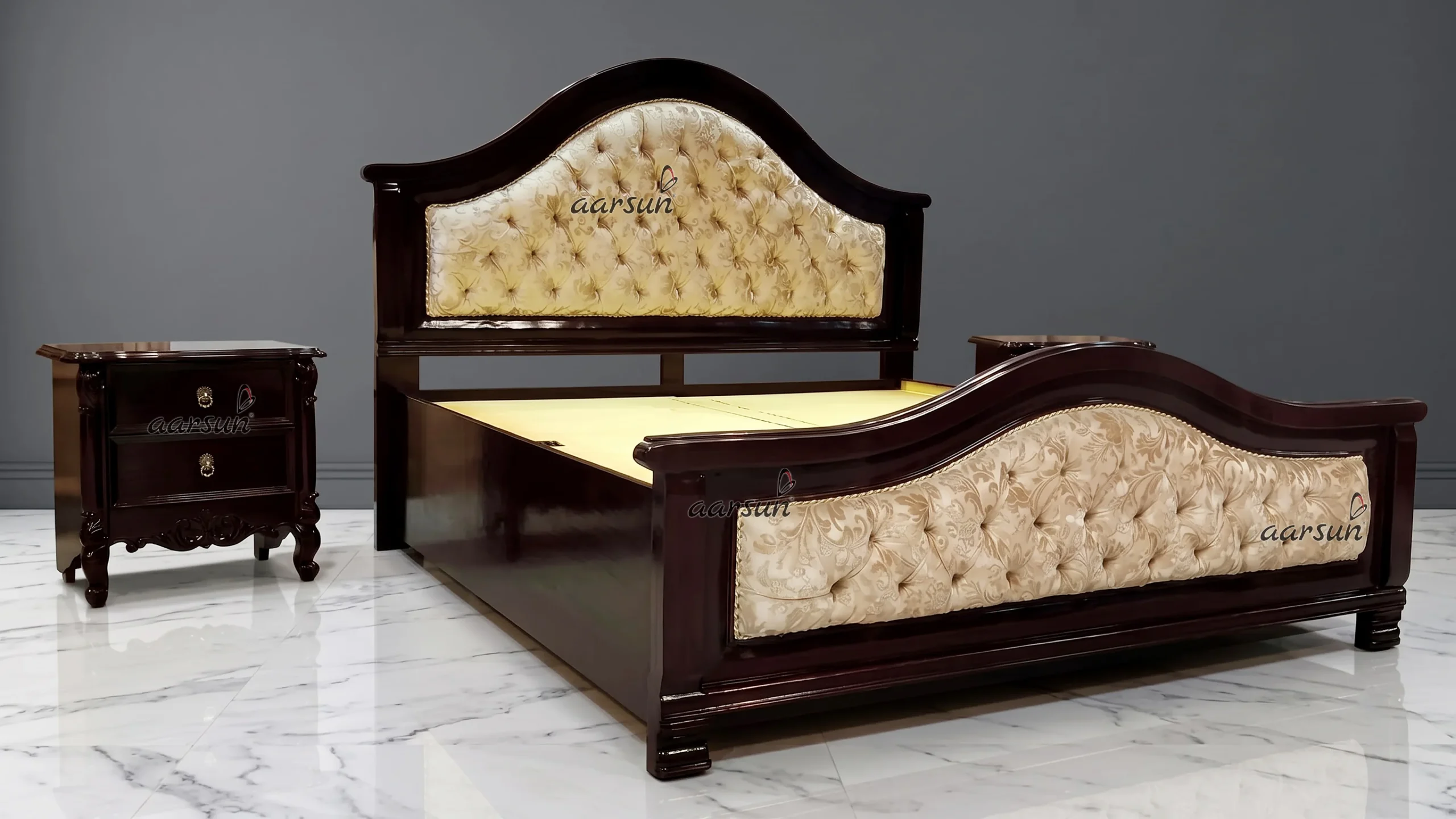 Modern Bed Design in Teak Wood Walnut Finish