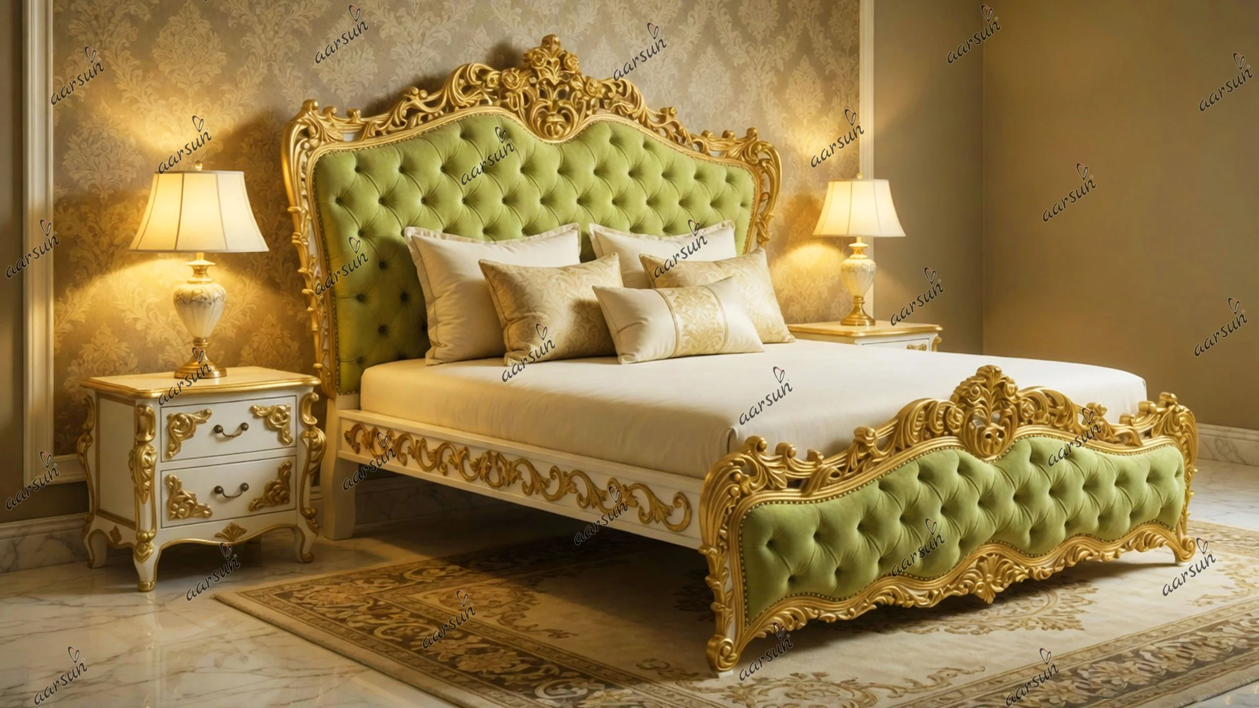 Royal Bedroom Set Tufted Bedsteads Velvet Green Fabric