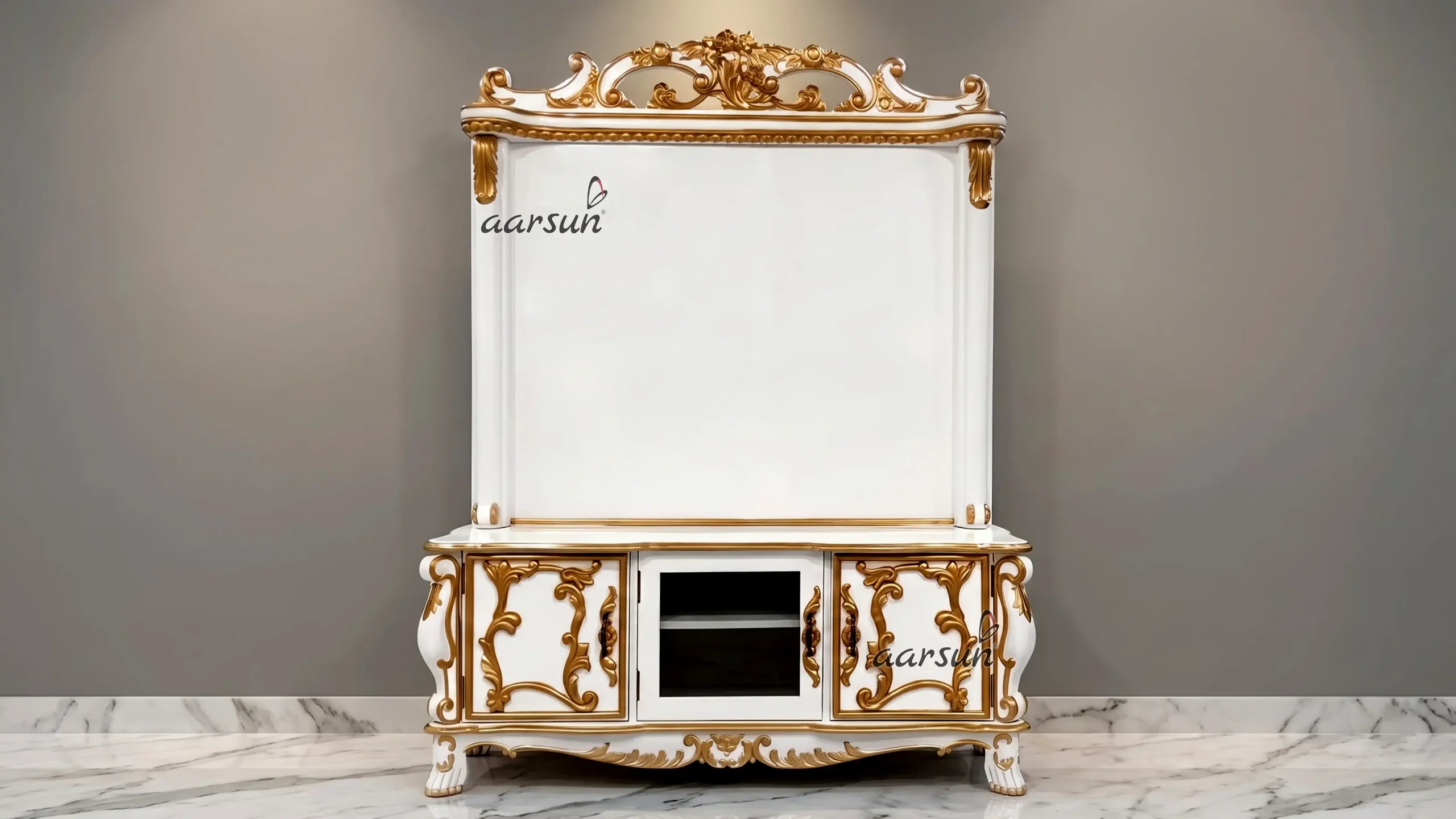 White & Gold TV Unit in Teak Wood YT-448