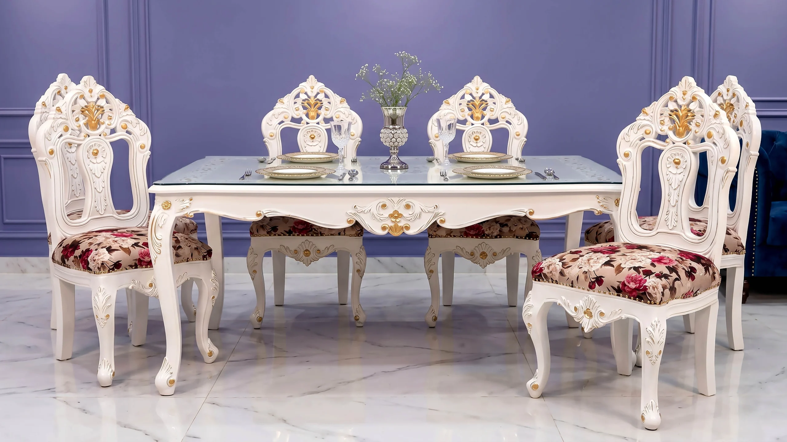 Luxurious White & Gold Dining Set for 6