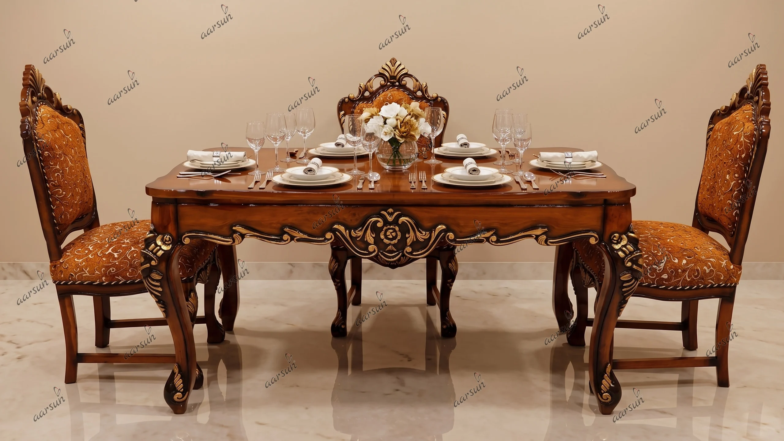 Triple Shaded 4 Seater Dining Set Carved in Teak Wood YT-486