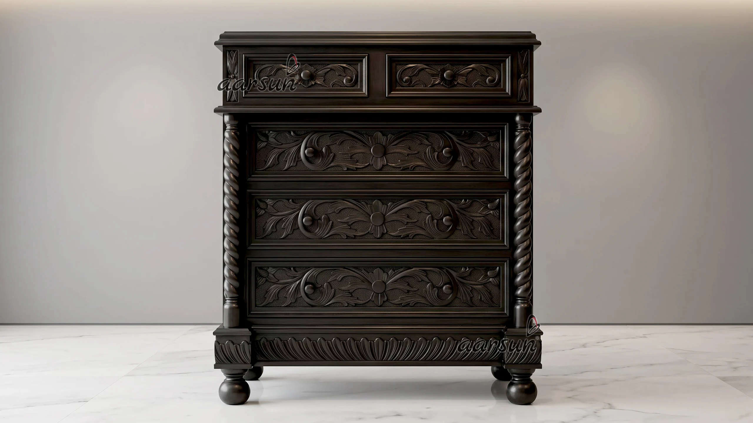 Twist Tallboy Chest of Drawers Carved in Teak
