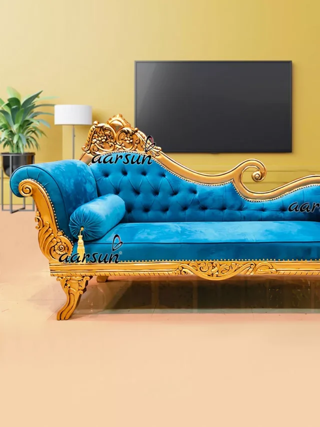 Royal Divan Couch in Antique Gold and Royal Velvet Blue Fabric