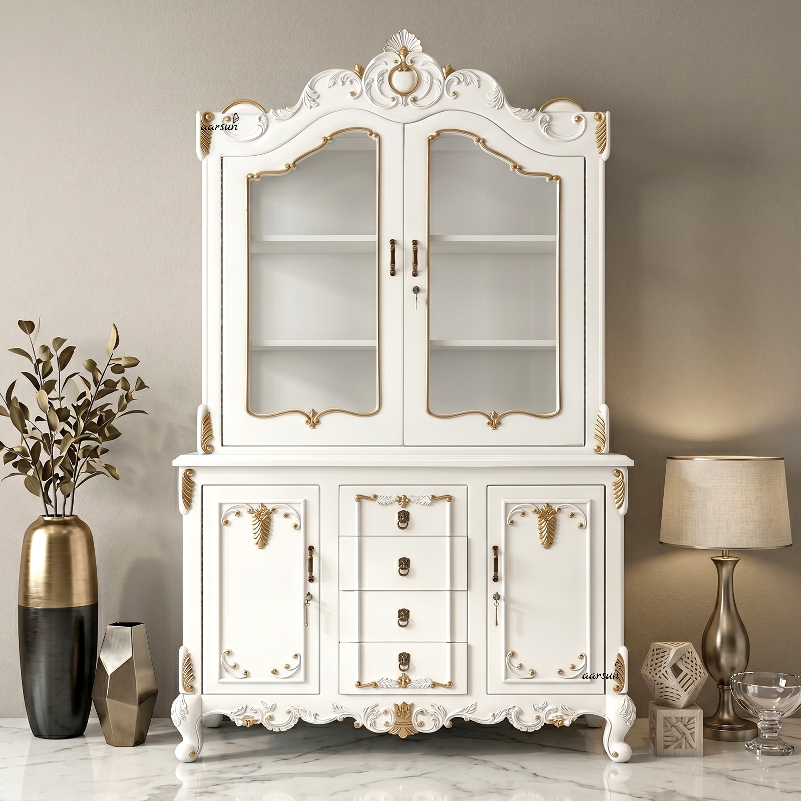 Elegant multipurpose cabinet in white and gold finish with display shelves and storage compartments