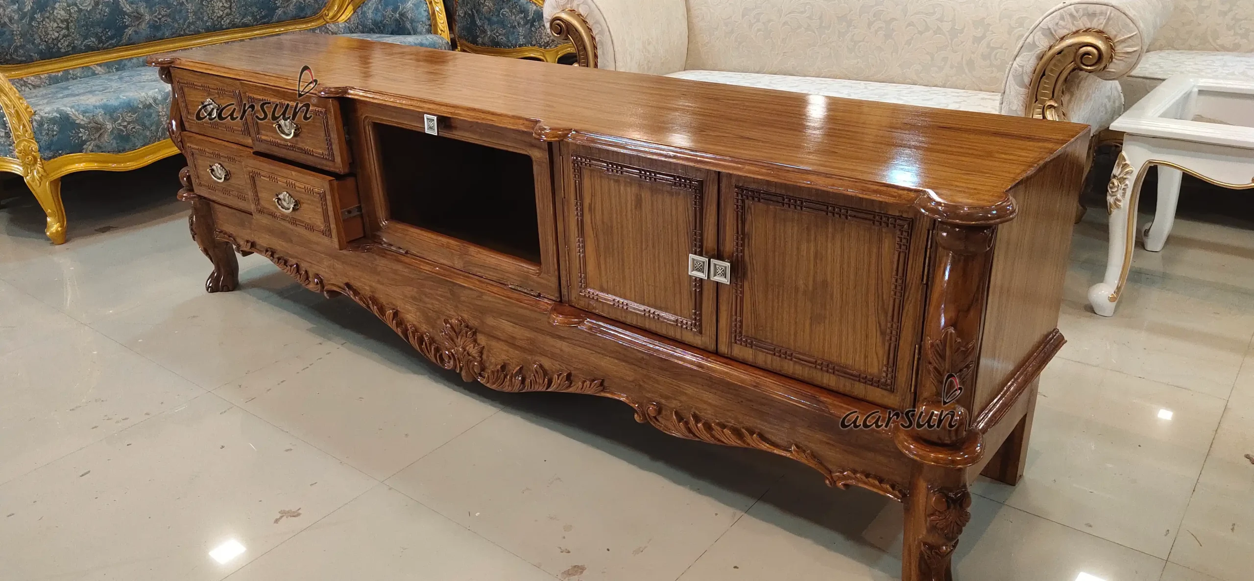 HandCarved LED TV Unit Wooden TV Console YT-246 - Image 4