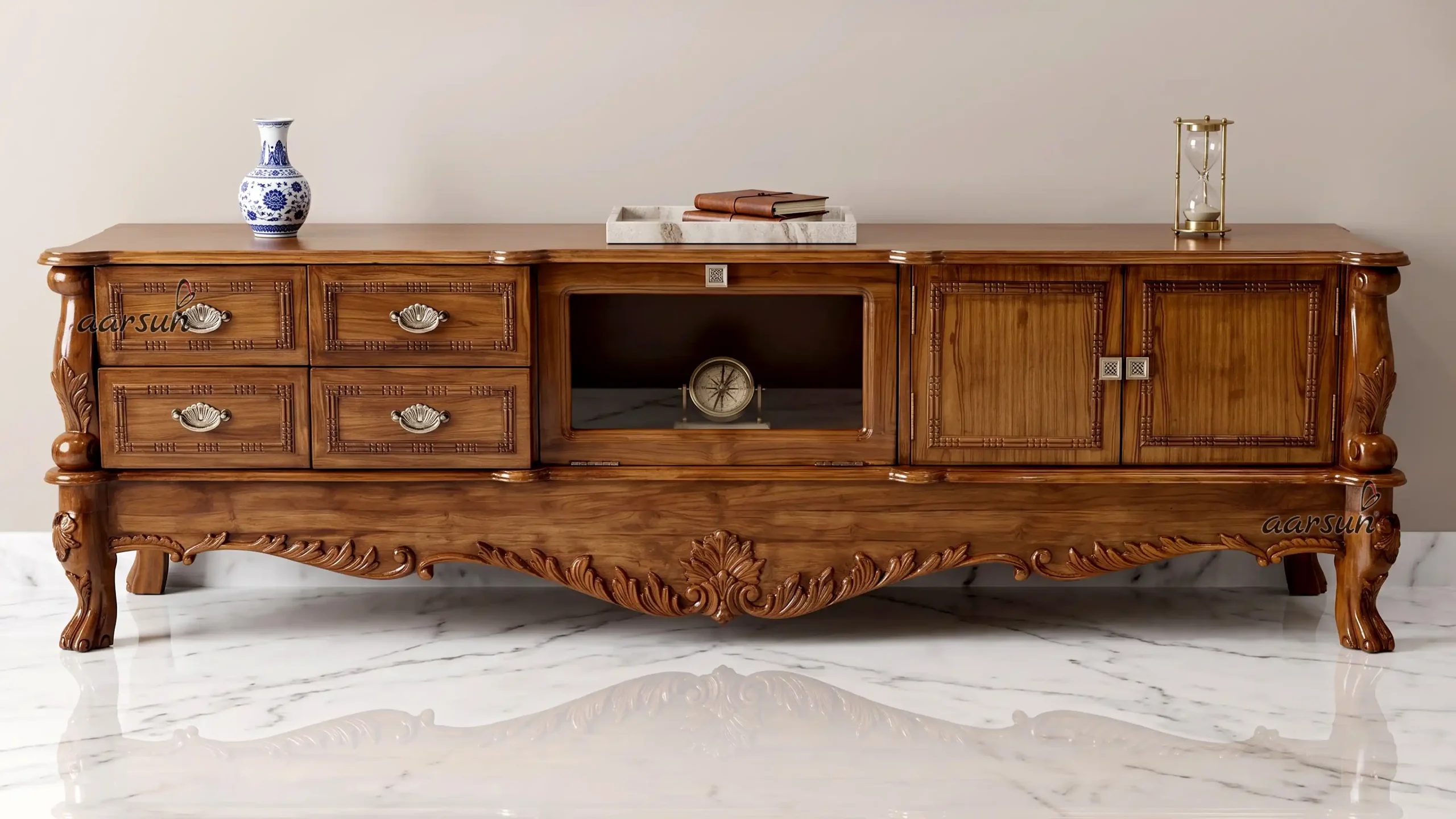Image for HandCarved LED TV Unit Wooden TV Console