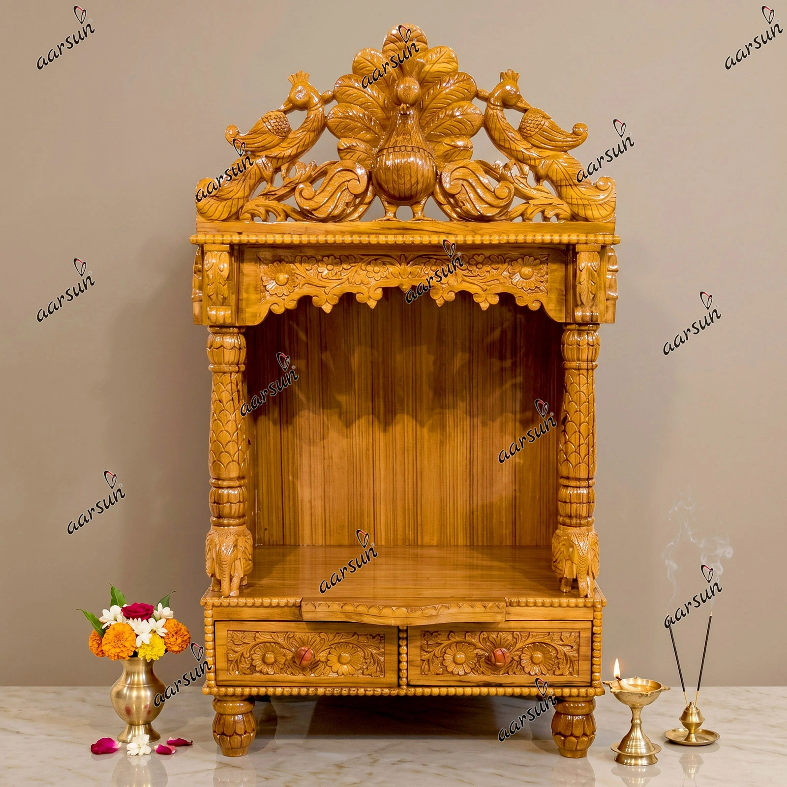 Peacock Design Mandir in Natural Finish MNDR-0045