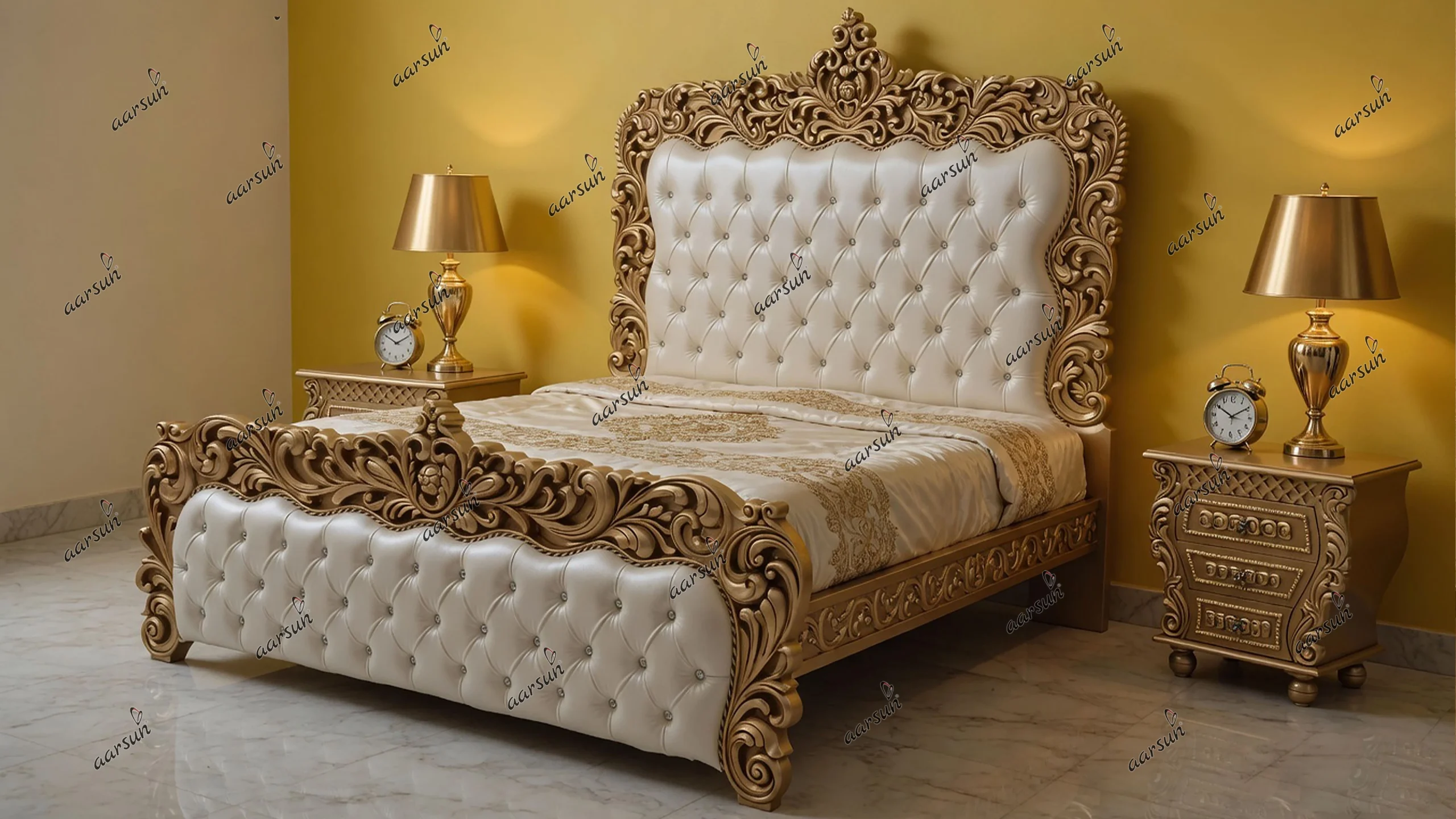 Royal Antique Gold Bed Design with Side Tables