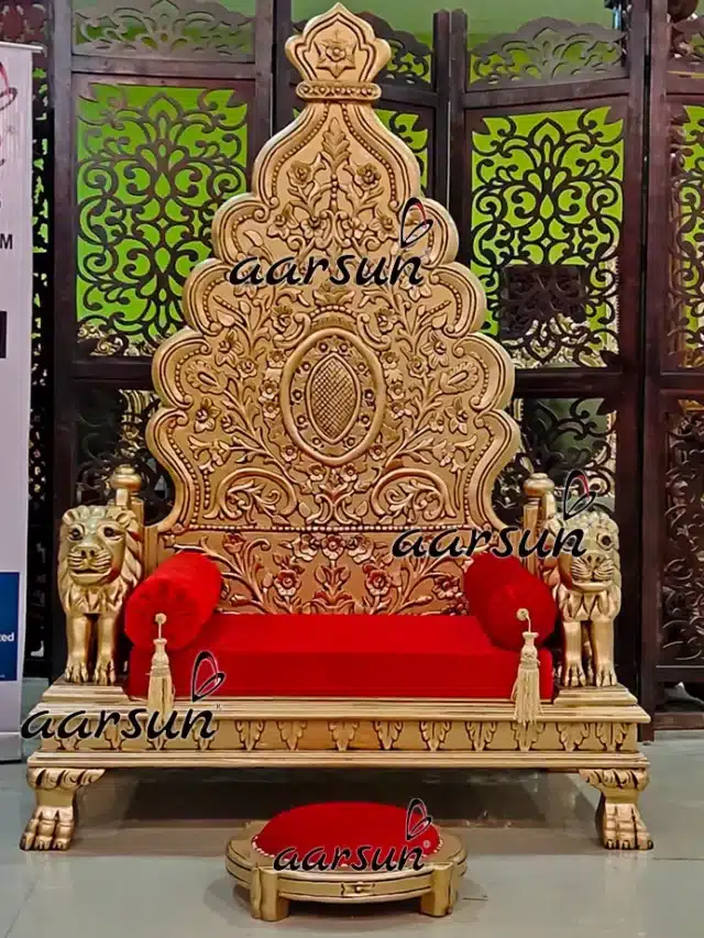 Guruji Chair Singhasan in Teak Wood & Antique Gold Duco Paint Handcrafted by Aarsun Artisans