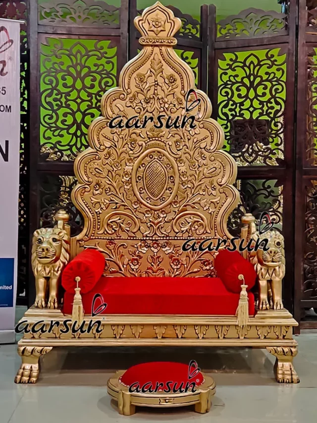 Guruji Chair Singhasan in Teak Wood & Antique Gold Duco Paint Handcrafted by Aarsun Artisans