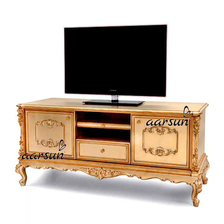Wooden Gold TV Cabinet in teak wood by Aarsun