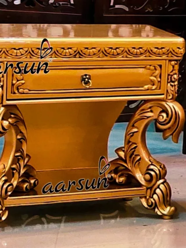 Carved Gold Side Table by Aarsun - Teak Wood Antique Gold Finish