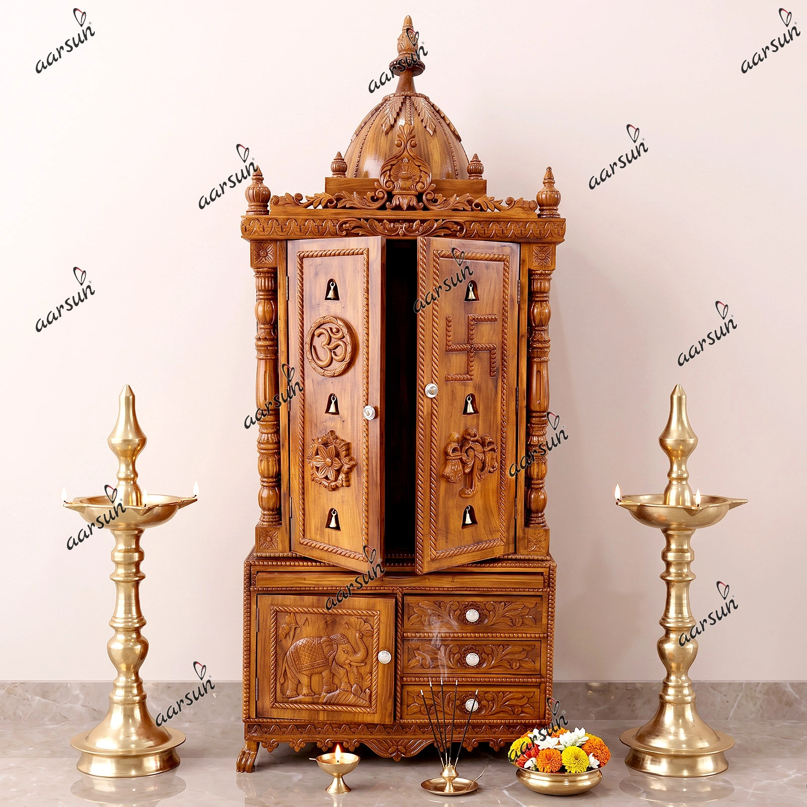 Handcrafted Wooden Temple with Doors & Bells YT-526
