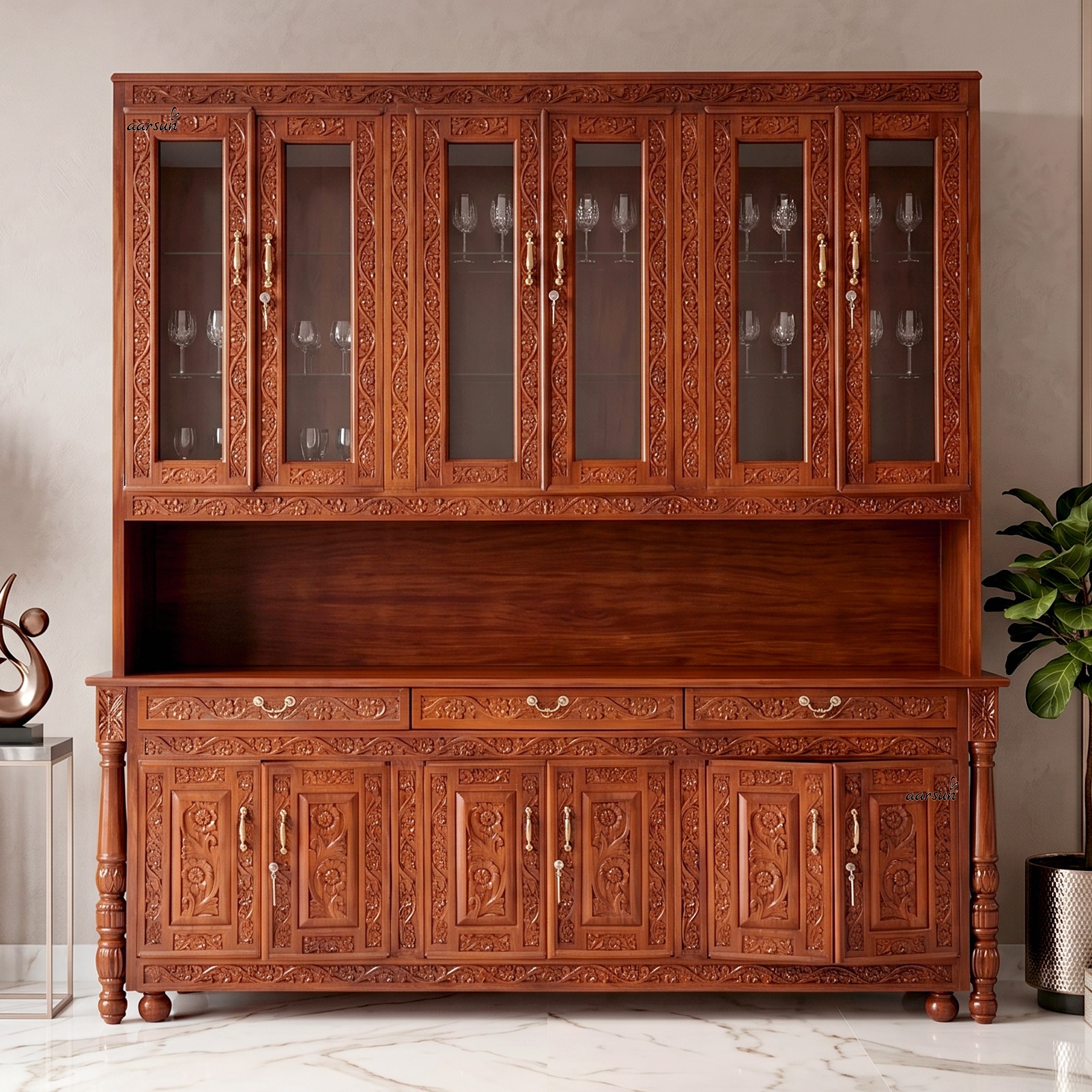 Designer crockery cabinet in dark teak finish with elegant display shelves and spacious storage compartments