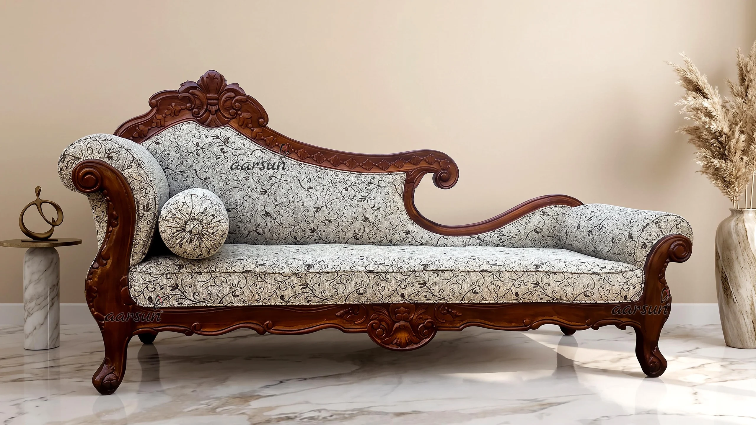 Elegant Wooden Couch in teak wood with classic fabric and natural finish