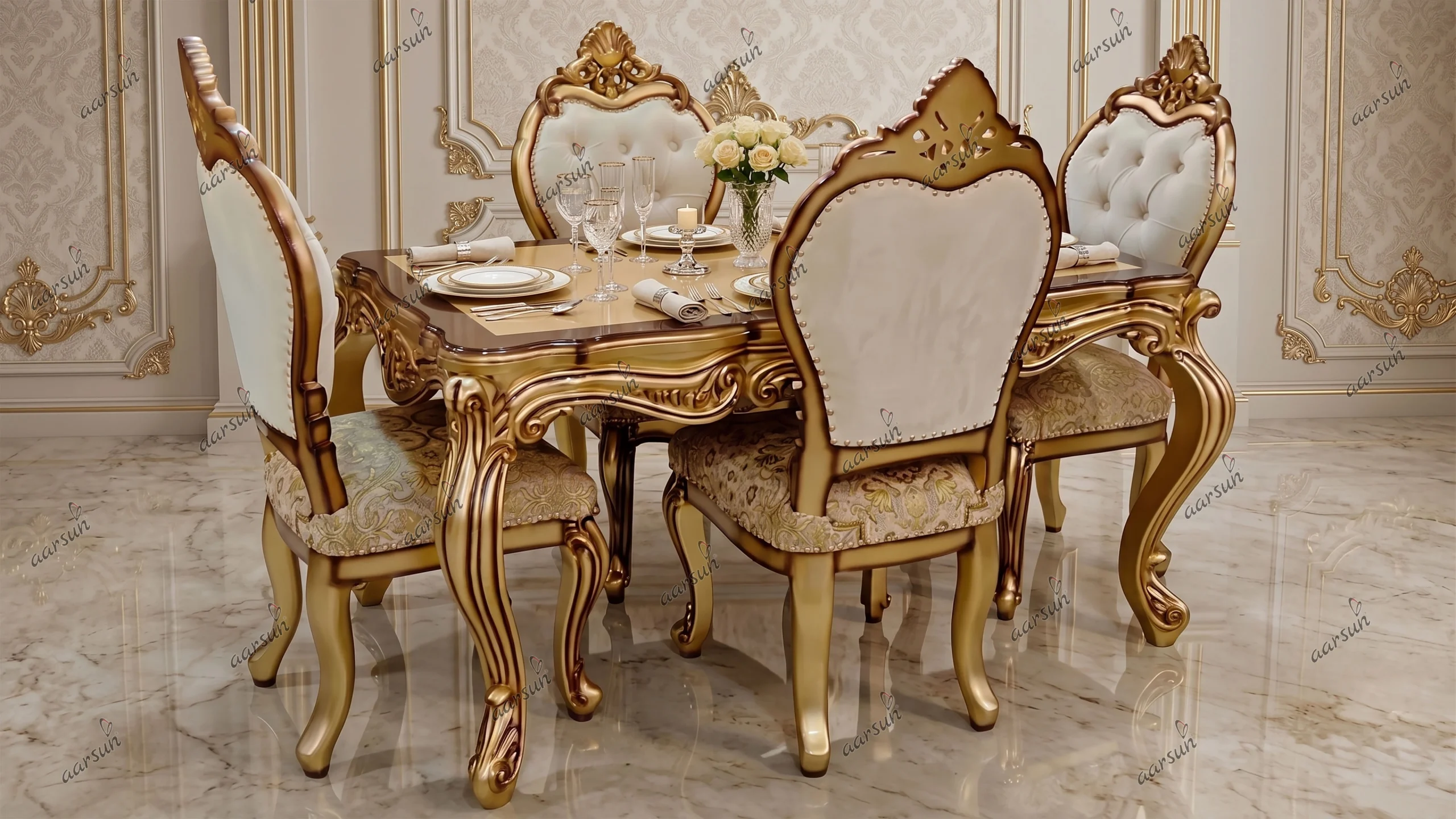 Gold & Brown Dual Shade 4 Seater Dining Set Custom Made UH-YT-538