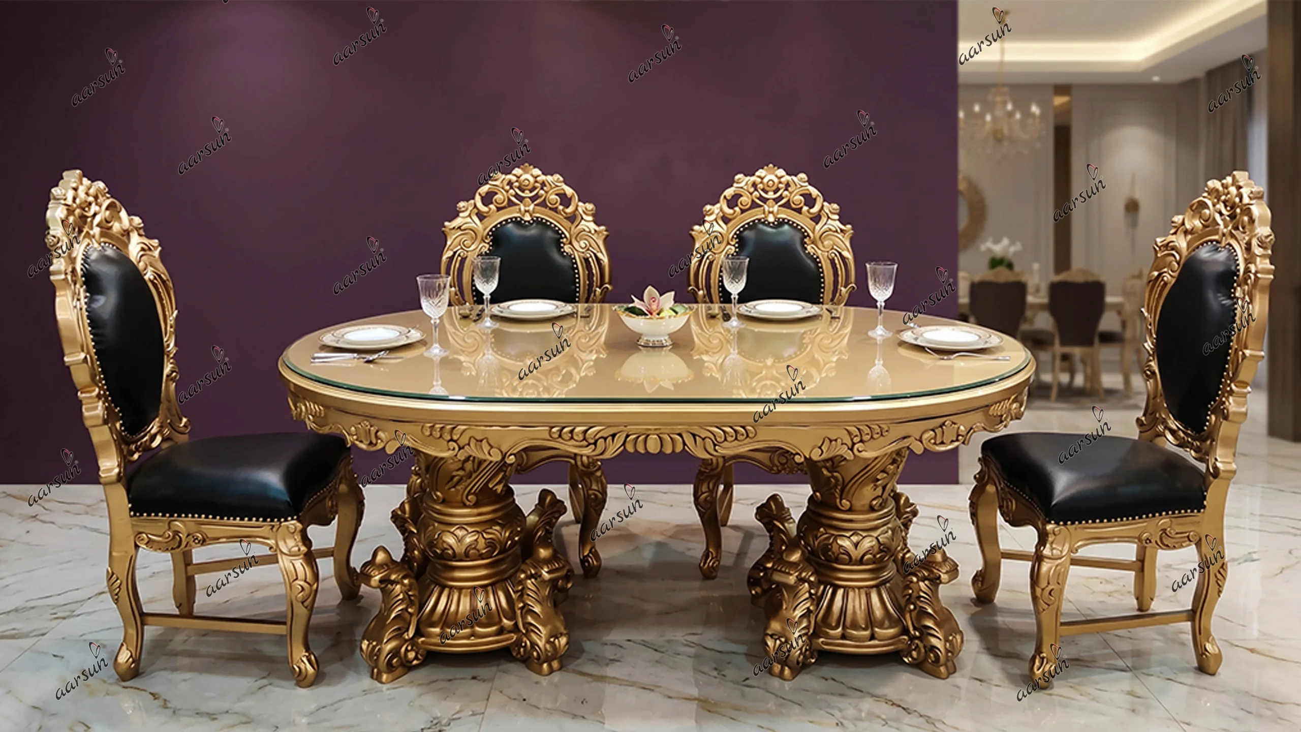 Luxurious Dining Set 6 Seater in Antique Gold Paint & Teak Wood YT-560-front