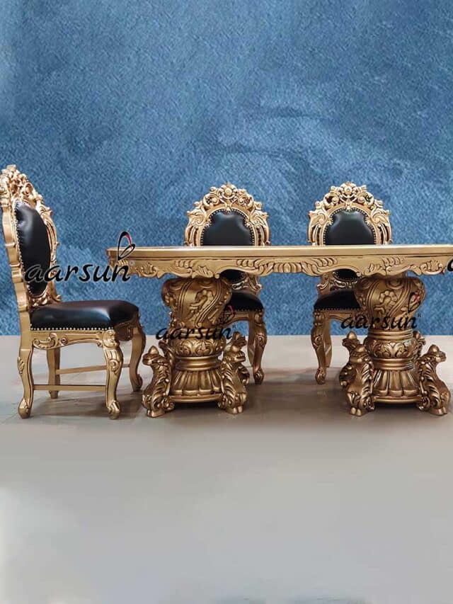 Luxurious Dining Set 6 Seater in Antique Gold Paint & Teak Wood YT-560-front