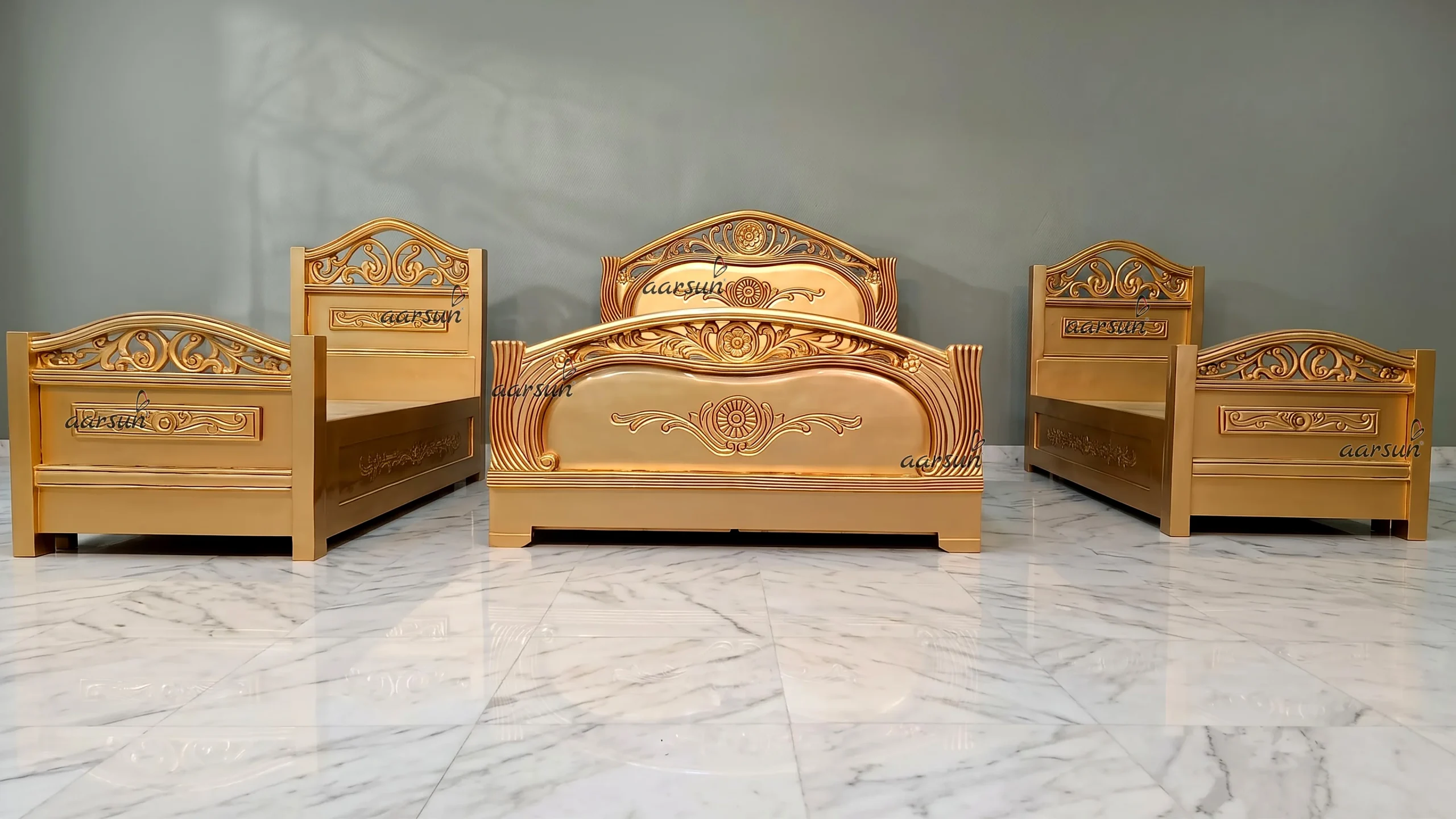 Three wooden bed set in gold polish NT-028