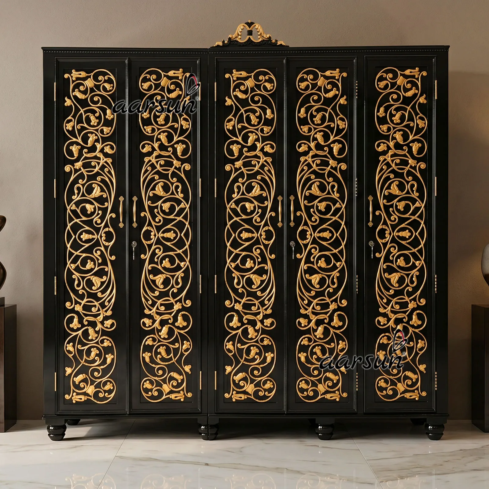 Aarsun Designer Wardrobe Cabinet in Dark base and Gold Highlights on the Carving