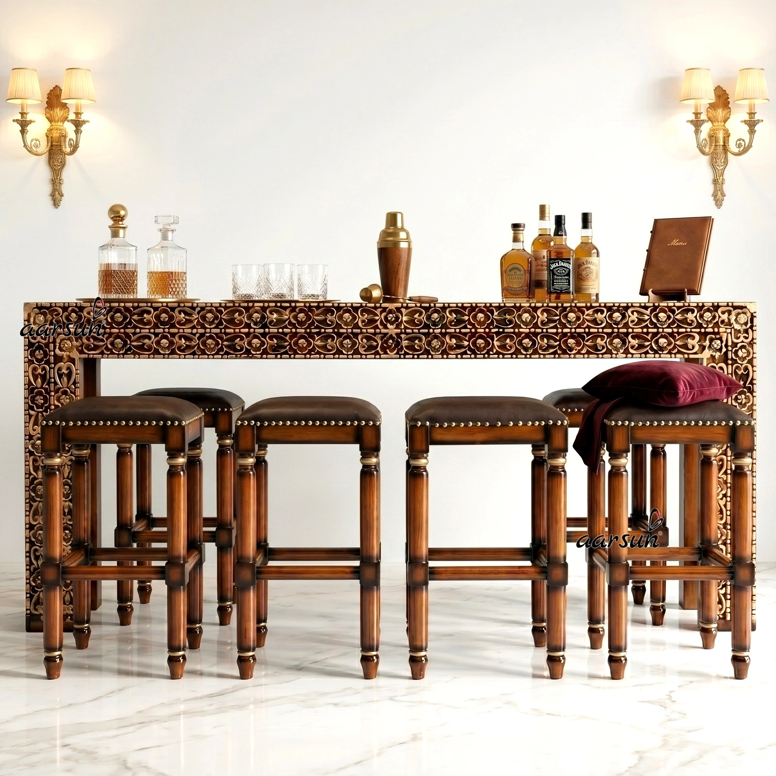 Stylish Carved Wooden Bar Table and Chairs Set