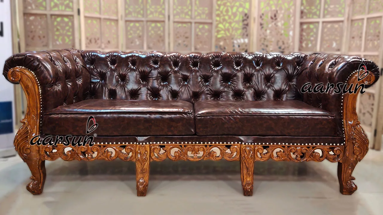 Chester Leather Sofa In Wood Top Design