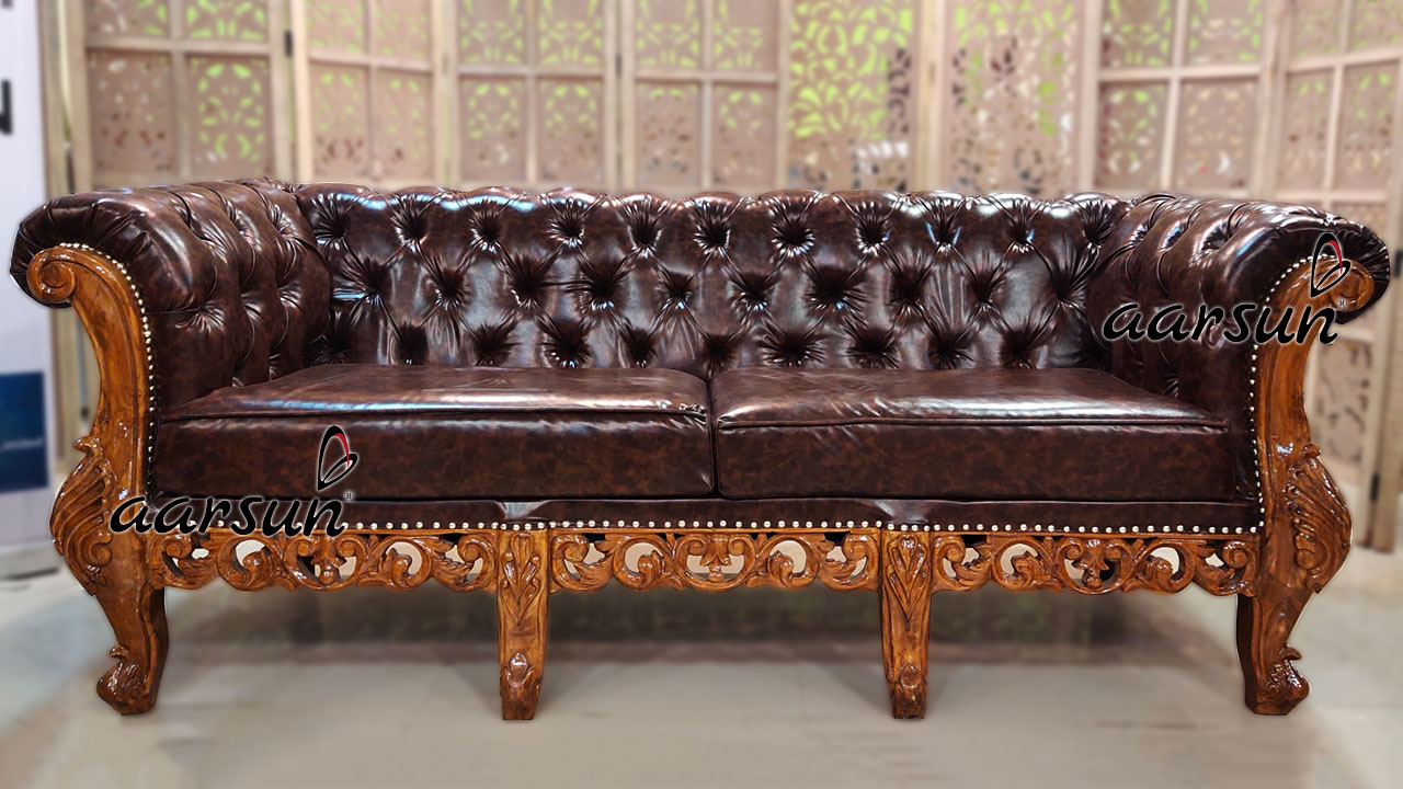 Chester Leather Sofa in wood top design 1