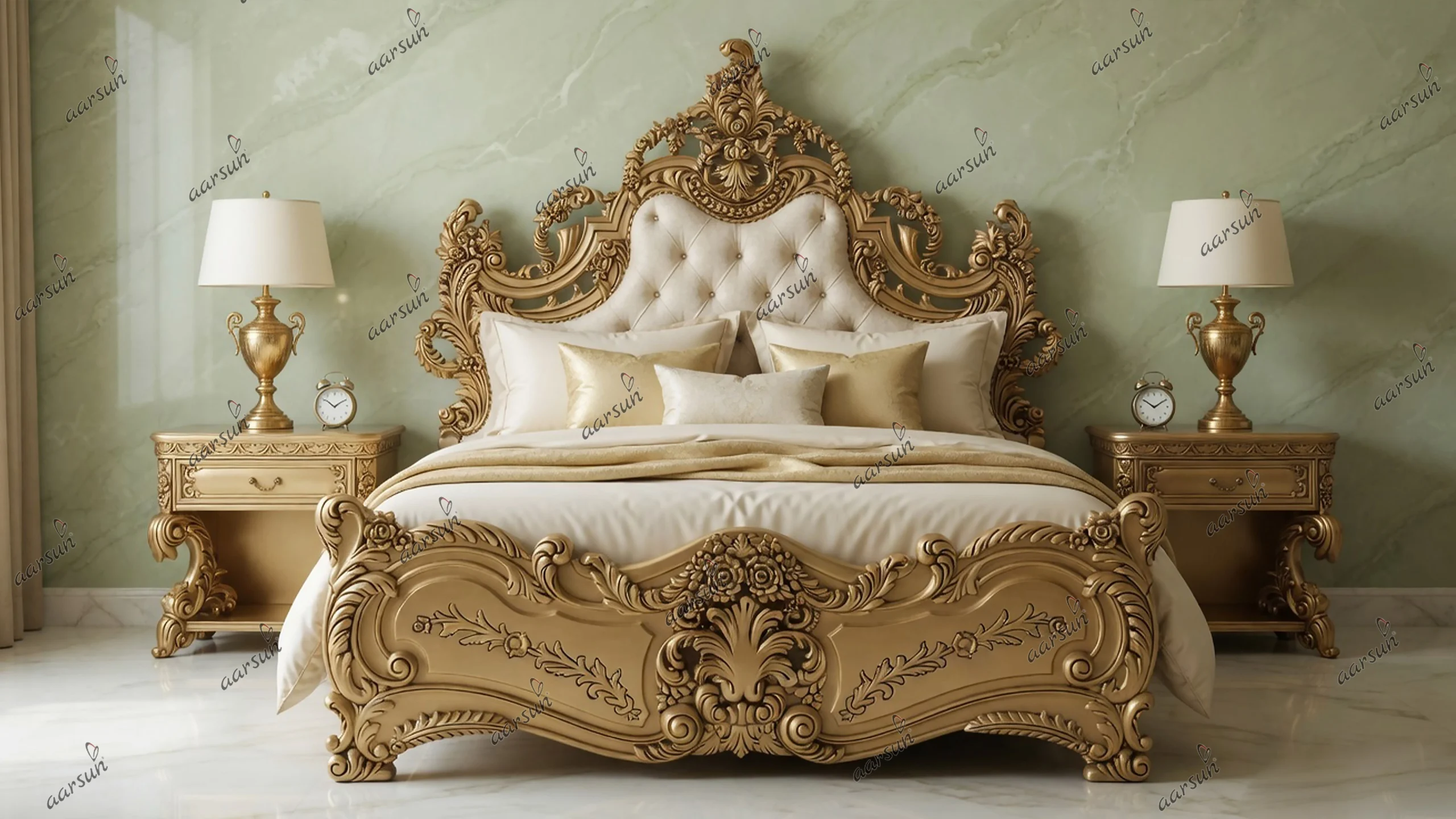 Solid Wood Carved Golden Bed