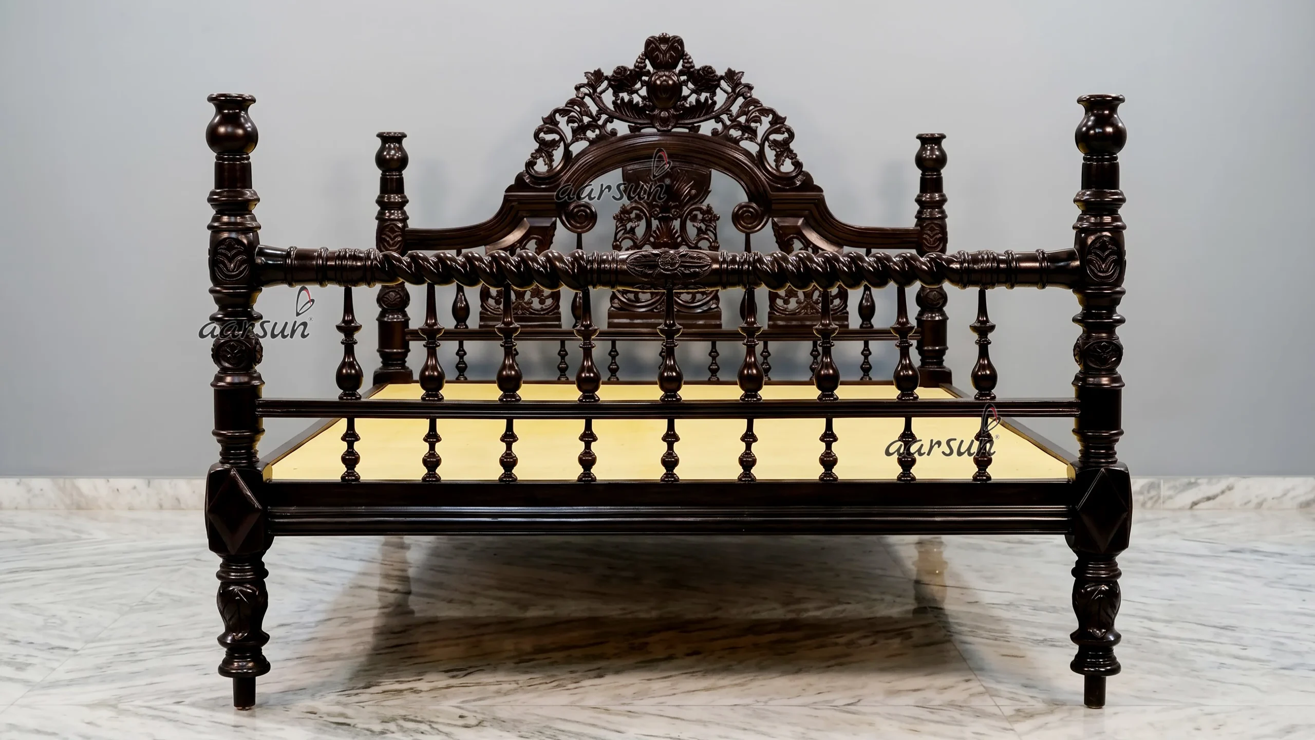 Trendy Semi Poster Bed Queen Size in Walnut Finish